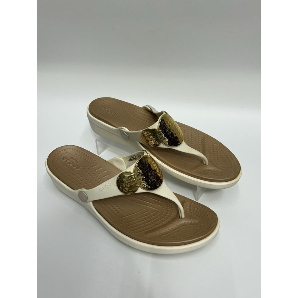 Crocs Sanrah Hammered Circle Gold Cream Wedge Thong Sandal Womens Size 11 - Picture 4 of 12
